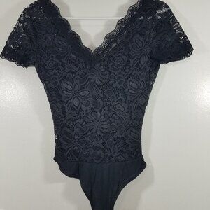 Wax Jean Bodysuit Black Lace Stretch size Small 29" Blust 26" length V-neck
